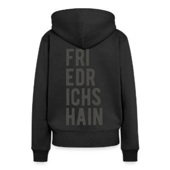 Berlin Friedrichhain Lettrage Mème Dicton - Sweat à capuche Premium bio Femme - noir - Dos - Julia (174cm)