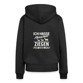 Ziege Tier Landwirtschaft Geschenk · Ganz okay - Frauen Premium Bio Hoodie - Schwarz - Hinten - Julia (174cm)