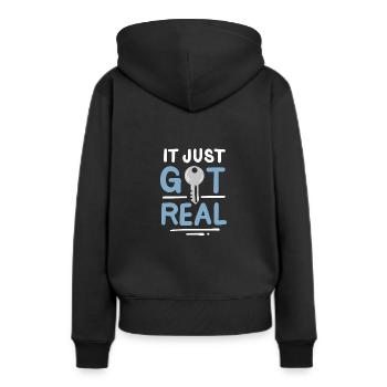 Es wurde gerade real - Frauen Premium Bio Hoodie - Schwarz - Hinten - Julia (174cm)