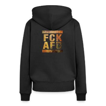 FCK AFD in rostigen Vintage Look, Motiv, Fuck AFD - Frauen Premium Bio Hoodie - Schwarz - Hinten - Julia (174cm)