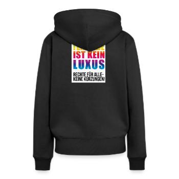 Teilhabe ist kein Luxus keine Kürzungen - Frauen Premium Bio Hoodie - Schwarz - Hinten - Julia (174cm)