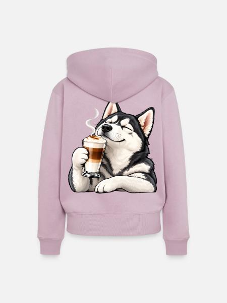 Husky mit Latte Macchiato – Kaffeepause - Frauen Premium Bio Zip Hoodie - Altrosa
