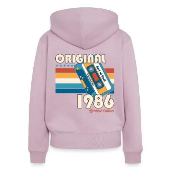 40ème anniversaire cadeau mari cassette avril 1986 - Sweat à capuche zippé Premium bio Femme - rose poudré - Dos - Julia (174cm)
