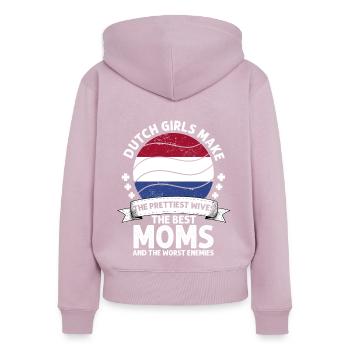 Dutch Mom Netherlands Mama Dutch American - Sweat à capuche zippé Premium bio Femme - rose poudré - Dos - Julia (174cm)