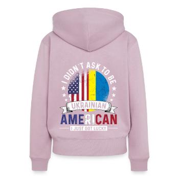 Drapeaux ukrainiens américains Fierté Ukraine Drapeau - Sweat à capuche zippé Premium bio Femme - rose poudré - Dos - Julia (174cm)