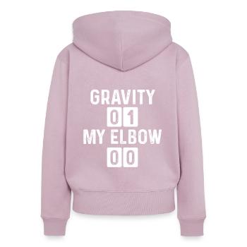 Drôle de coude cassé Gravité Survivant du coude cassé - Sweat à capuche zippé Premium bio Femme - rose poudré - Dos - Julia (174cm)