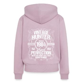 1984 Chasse au chien chasseur de sanglier 1984 Année de naissance - Sweat à capuche zippé Premium bio Femme - rose poudré - Dos - Julia (174cm)