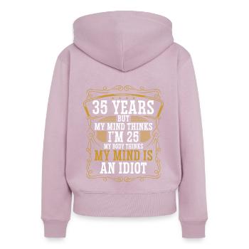 35 ans Drôle d’anniversaire Idée Humour 35 Anniversaire - Sweat à capuche zippé Premium bio Femme - rose poudré - Dos - Julia (174cm)