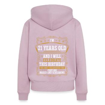 21 Anniversaire Drôle d’anniversaire Idée Humour 21 ans - Sweat à capuche zippé Premium bio Femme - rose poudré - Dos - Julia (174cm)