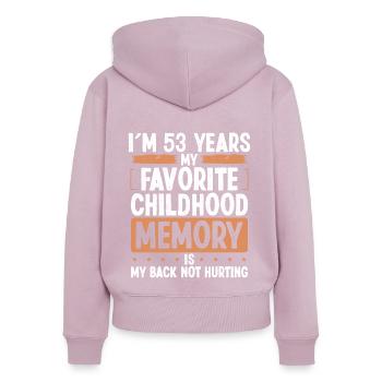 Humour de 53 ans Mémoire d’enfance Idée drôle - Sweat à capuche zippé Premium bio Femme - rose poudré - Dos - Julia (174cm)