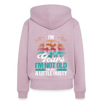 53 Idée d’anniversaire Drôle Je ne suis pas vieux Humour Année - Sweat à capuche zippé Premium bio Femme - rose poudré - Dos - Julia (174cm)