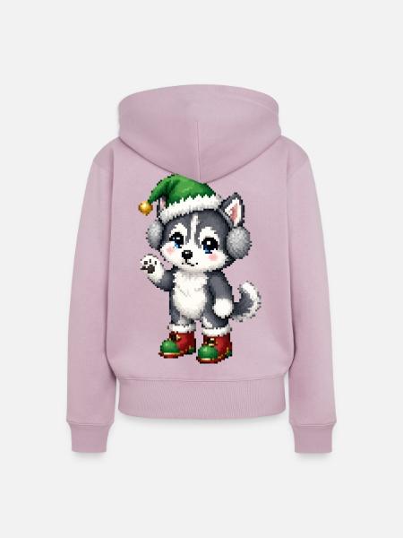 Husky-Welpen-Elfenhut-Weihnachten - Frauen Premium Bio Zip Hoodie - Altrosa
