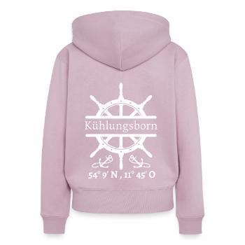 Kühlungsborn-Steuerrad, Anker & Koordinaten-Ostsee - Frauen Premium Bio Zip Hoodie - Altrosa - Hinten - Julia (174cm)