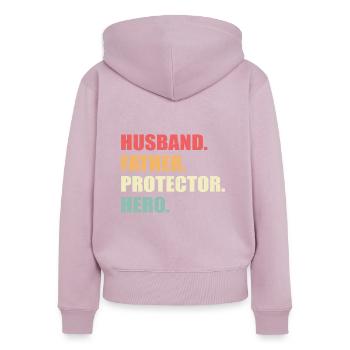 Mari, Père, Protecteur, Héros - Sweat à capuche zippé Premium bio Femme - rose poudré - Dos - Julia (174cm)