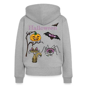 Halloween Kürbis und Fledermaus Design - Frauen Premium Bio Zip Hoodie - Grau meliert - Hinten - Selfina (174cm)