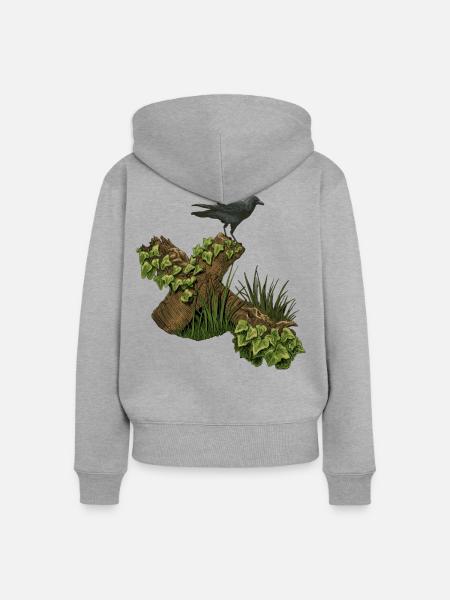Krähe auf Holzkreuz, efeu - Frauen Premium Bio Zip Hoodie - Grau meliert