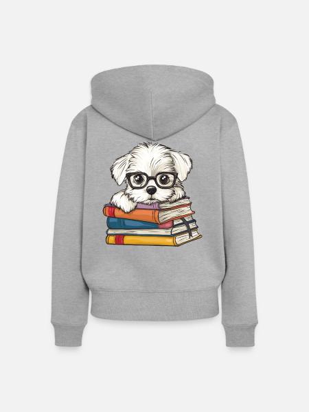 Süßes Malteserhund-Lesebuch mit Brille - Frauen Premium Bio Zip Hoodie - Grau meliert