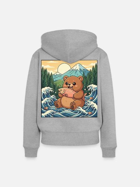 Kawaii Bär Lachs - Frauen Premium Bio Zip Hoodie - Grau meliert