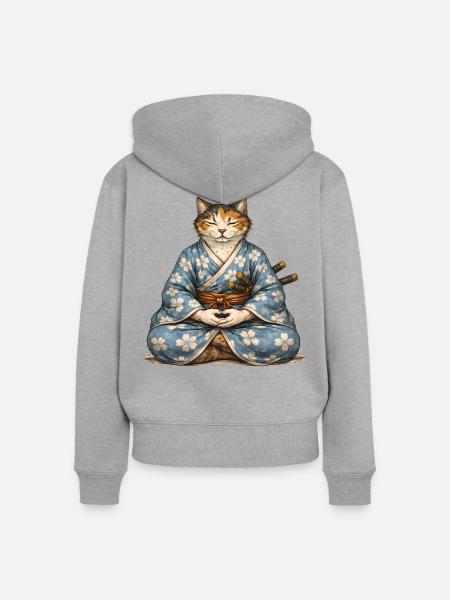 Zen-Samurai-Katzen-Meditationskimono - Frauen Premium Bio Zip Hoodie - Grau meliert