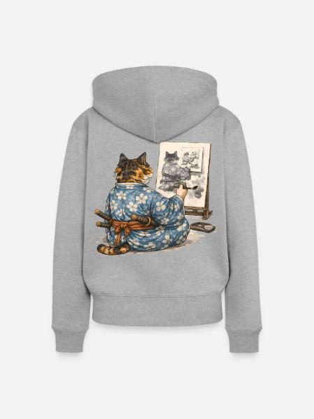Samurai-Katzen-Malerei Sumi-e Ukiyo-e Kunst - Frauen Premium Bio Zip Hoodie - Grau meliert