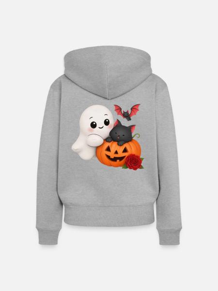 Verspielter Geisterkatzen-Kürbis - Frauen Premium Bio Zip Hoodie - Grau meliert