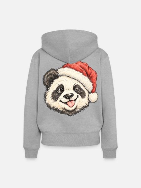 Süßer zwinkernder Panda Roter Winterhut - Frauen Premium Bio Zip Hoodie - Grau meliert