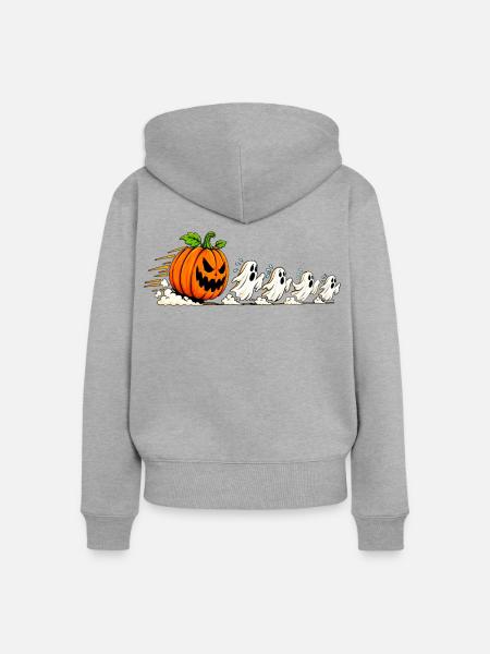 HALLOWEEN KÜRBIS GEIST - Frauen Premium Bio Zip Hoodie - Grau meliert