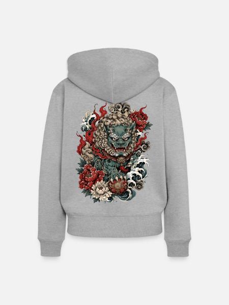 Foo Dog Blossom Guardian - Frauen Premium Bio Zip Hoodie - Grau meliert