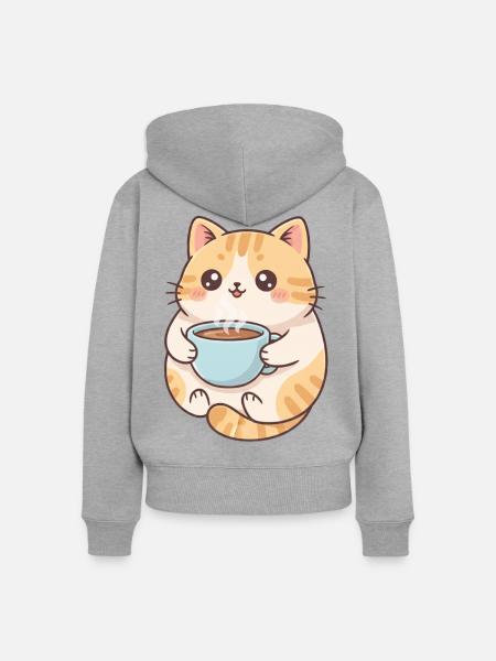 Katze mit Kaffee - Frauen Premium Bio Zip Hoodie - Grau meliert