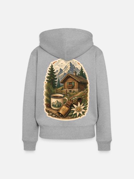 Alpenhütte Berge Tannen - Frauen Premium Bio Zip Hoodie - Grau meliert