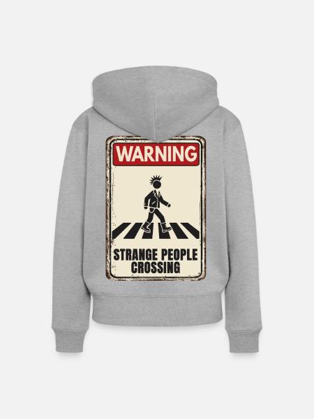 WARNING - Strange People Crossing - Punker - Frauen Premium Bio Zip Hoodie - Grau meliert