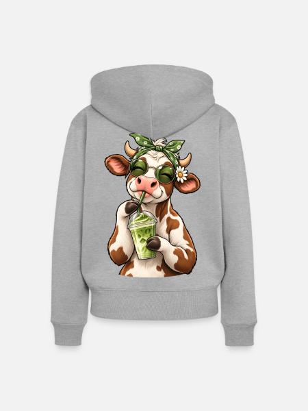 Süße Kuh mit Matcha Latte - Frauen Premium Bio Zip Hoodie - Grau meliert