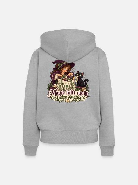 Hexe und Katze auf Lesezeichensuche - Frauen Premium Bio Zip Hoodie - Grau meliert