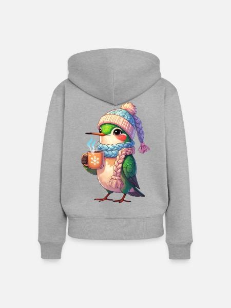 Winterkuschel Vogel mit Becher - Frauen Premium Bio Zip Hoodie - Grau meliert