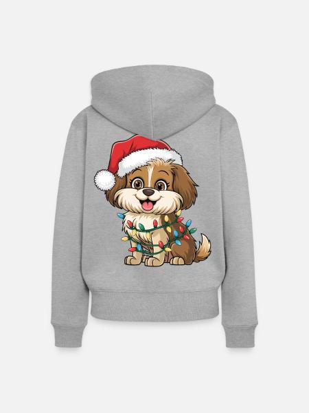 Weihnachtshund mit Lichterkette - Frauen Premium Bio Zip Hoodie - Grau meliert