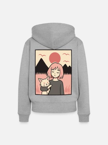Mädchen mit Katze vor Bergen - Frauen Premium Bio Zip Hoodie - Grau meliert