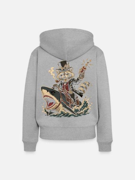 Steampunk Waschbär auf Hai - Frauen Premium Bio Zip Hoodie - Grau meliert