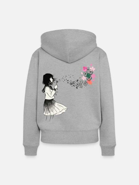 Mahjong Mädchen Japanisches Design - Frauen Premium Bio Zip Hoodie - Grau meliert