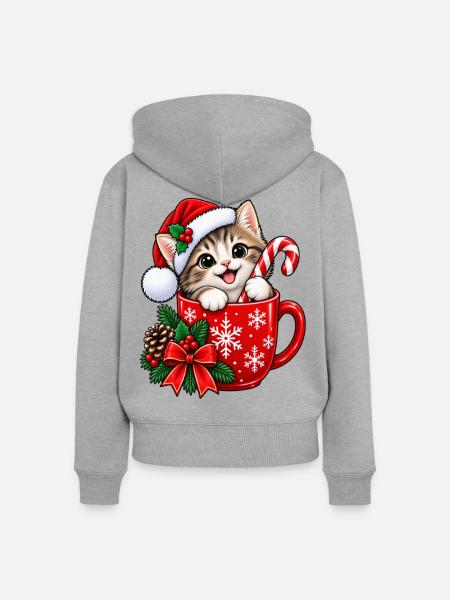 Kätzchen in Weihnachtstasse & Zuckerstange - Frauen Premium Bio Zip Hoodie - Grau meliert