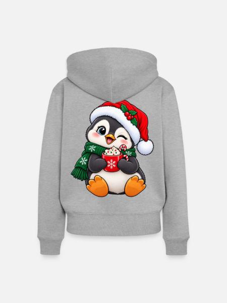 Süßer Pinguin mit Weihnachtsmütze & Kakao - Frauen Premium Bio Zip Hoodie - Grau meliert