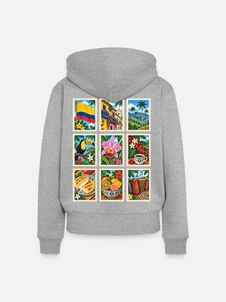 Kolumbien Briefmarken - Frauen Premium Bio Zip Hoodie - Grau meliert