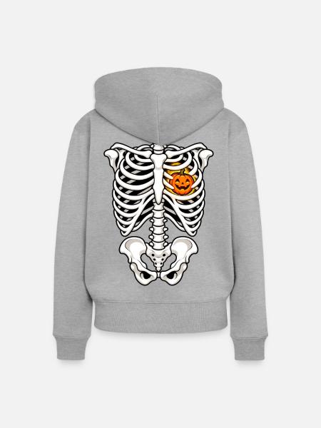 Rippenskelett mit Kürbisherz - Frauen Premium Bio Zip Hoodie - Grau meliert