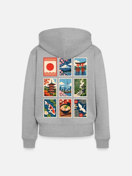 Japan Briefmarken - Frauen Premium Bio Zip Hoodie - Grau meliert