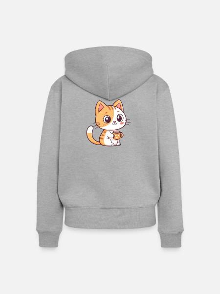 Süße Katze mit Teeherztasse - Frauen Premium Bio Zip Hoodie - Grau meliert