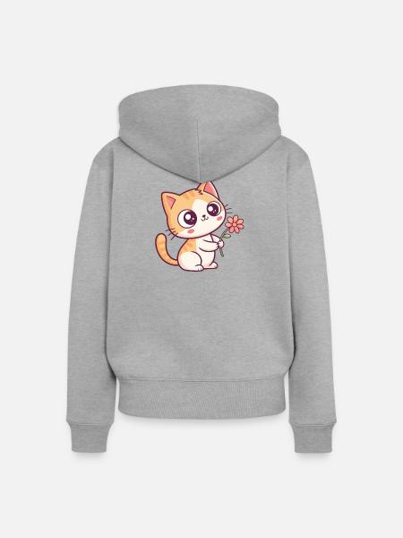 Kawaii-Kätzchen und Blume - Frauen Premium Bio Zip Hoodie - Grau meliert