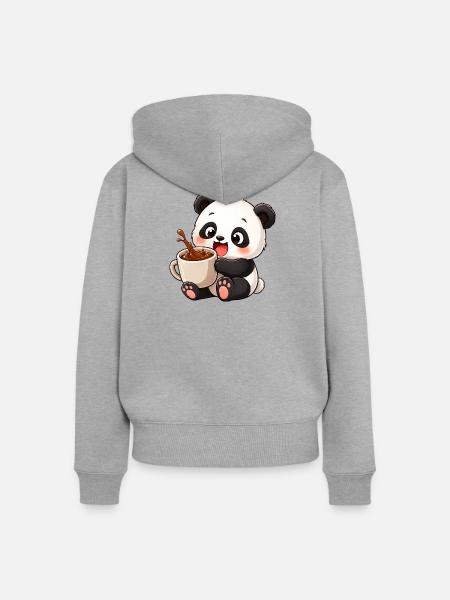 Süßer Panda Kaffeetrinker Kaffeeliebhaber Cartoon - Frauen Premium Bio Zip Hoodie - Grau meliert
