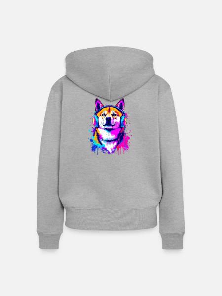Shiba Inu mit Kopfhörern - Frauen Premium Bio Zip Hoodie - Grau meliert