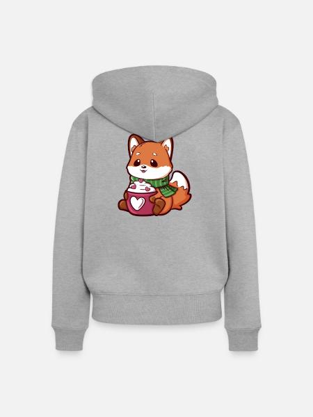 Kuschelfuchs mit Herzen Becher und Schal - Frauen Premium Bio Zip Hoodie - Grau meliert