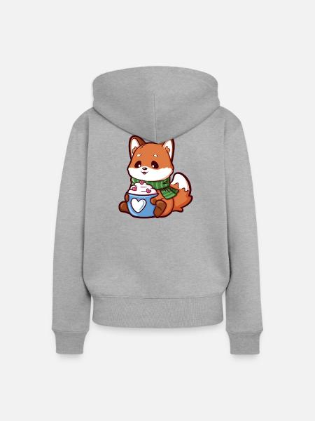 Kuschelfuchs mit Herztasse - Frauen Premium Bio Zip Hoodie - Grau meliert