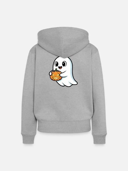 Niedlicher Geist mit Kürbis - Frauen Premium Bio Zip Hoodie - Grau meliert